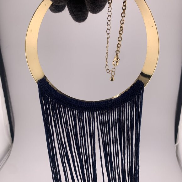Gold Tone Collar Necklace with Blue Fringe - Picture 5 of 8